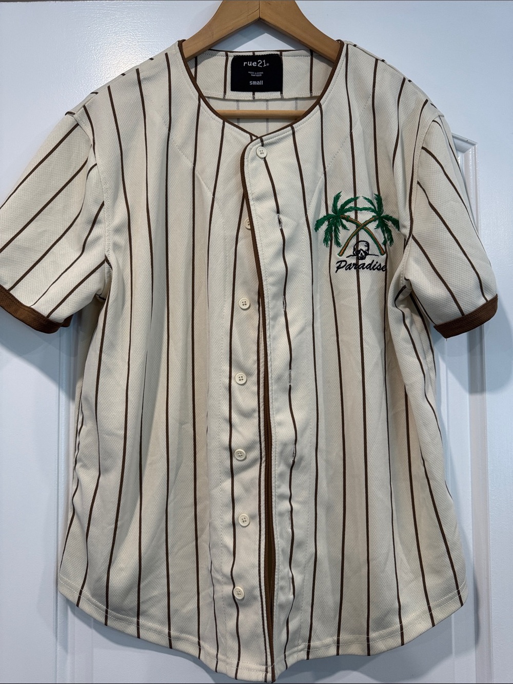 Rue21 Cream and Brown Striped Baseball Shirt with Green Palm Embroidery Sz Small